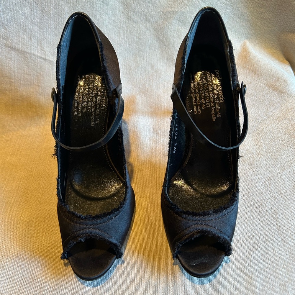 Pedro Garcia Black Satin Peep-Toe Heels